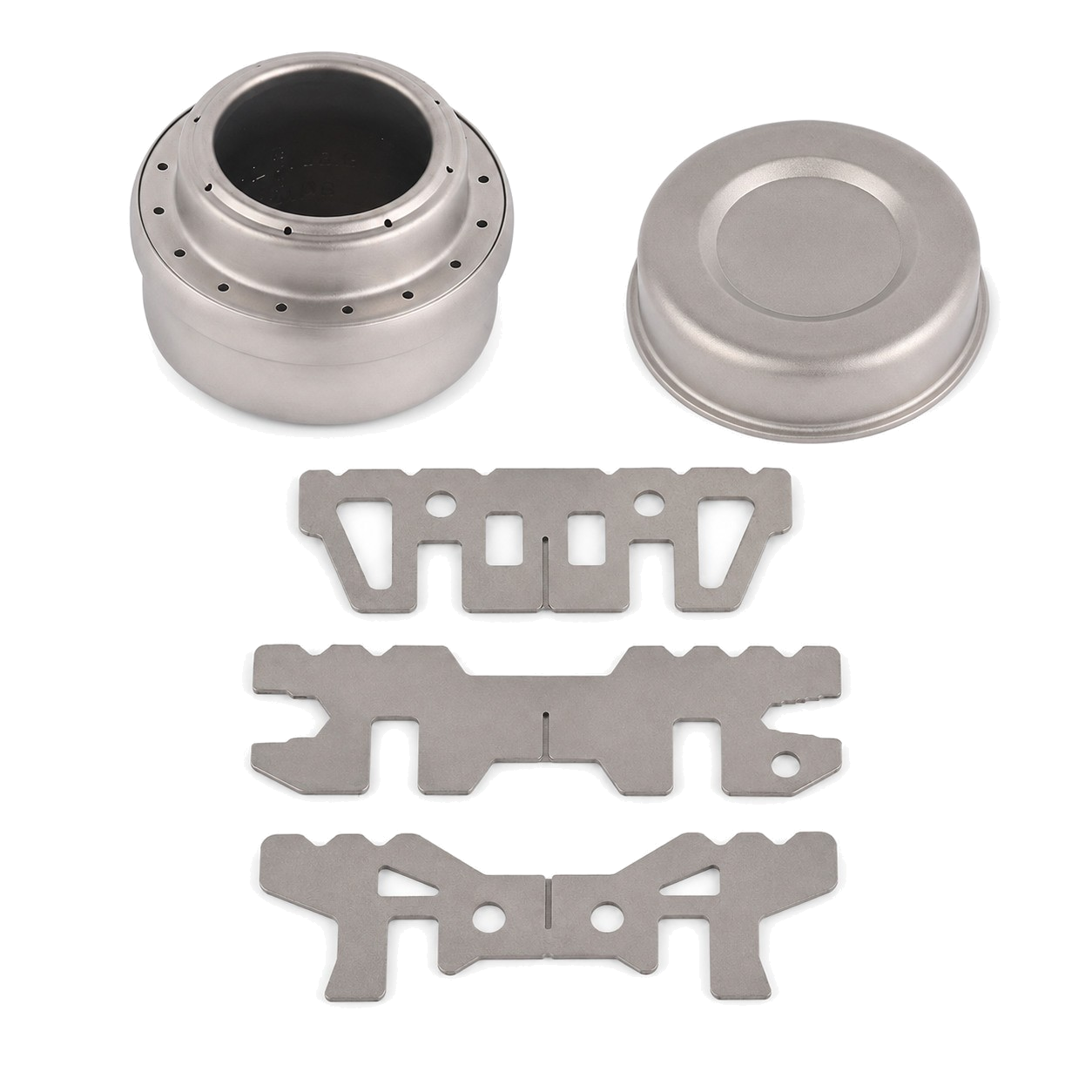 Titanium alcohol burner, snuffer cap and three pot supports